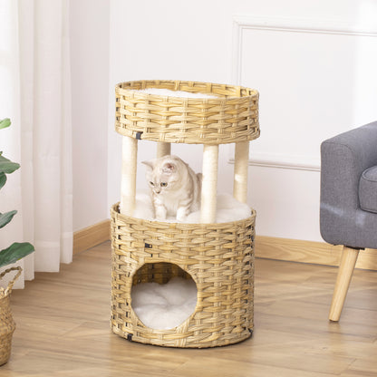 Pawhut Árbol Rascador Gatos De Ratán Con Cueva 2 Camas Postes De Sisal Y Cojines_1