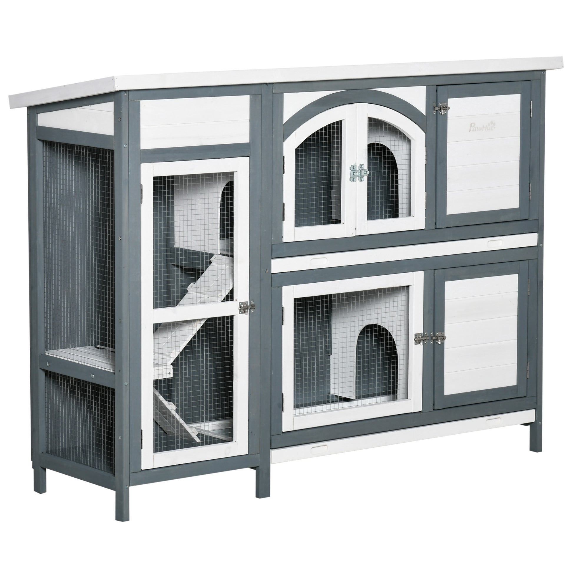 Pawhut Conejera De Madera Exterior De 2 Niveles Con Techo Asfáltico 145x48x108cm_0