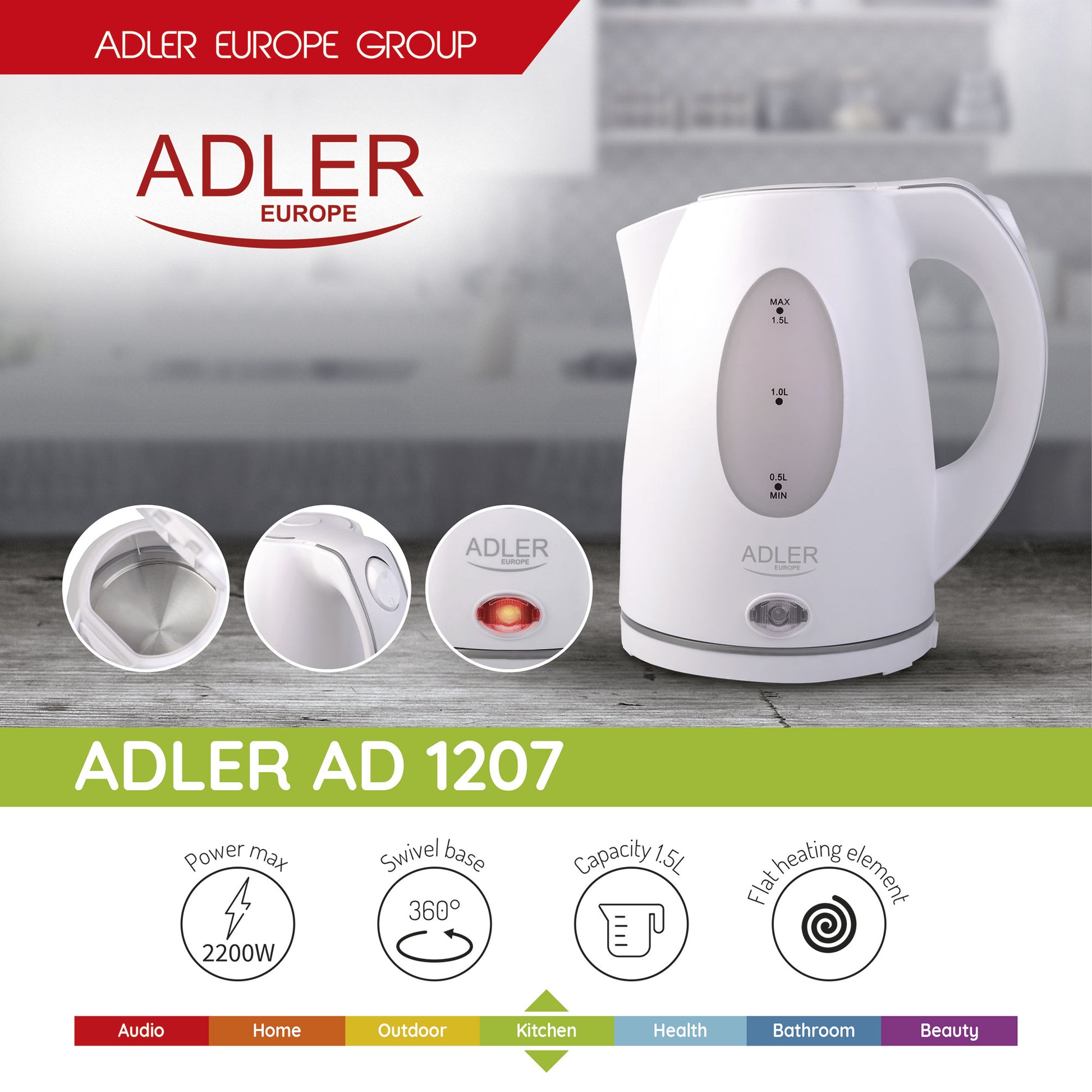Hervidor Agua Eléctrico, 1,5 L, Resistencia Oculta, Inalámbrico, Apagado Automático, Base 360º Adler Ad 1207, 2200w_1