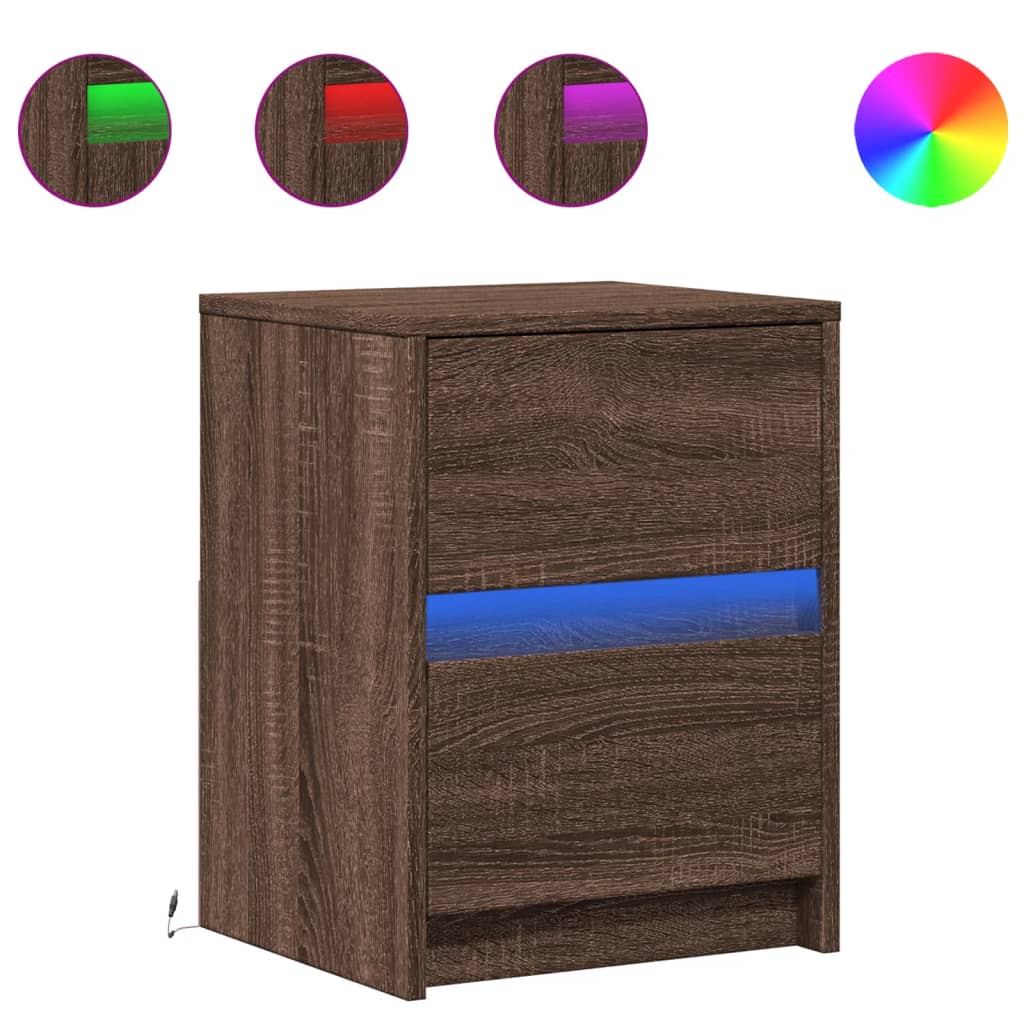 Mesitas De Noche Luces Led 2 Uds Madera Ingeniería Roble Marrón_0