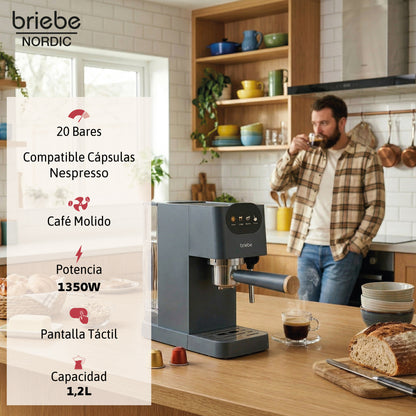 Briebe Nordic Set Cafetera 20 Bares Cápsulas, Café Molido Espumador Leche Tostadora 2 Rebanadas Anchas, Skt1221gry, Gris_2