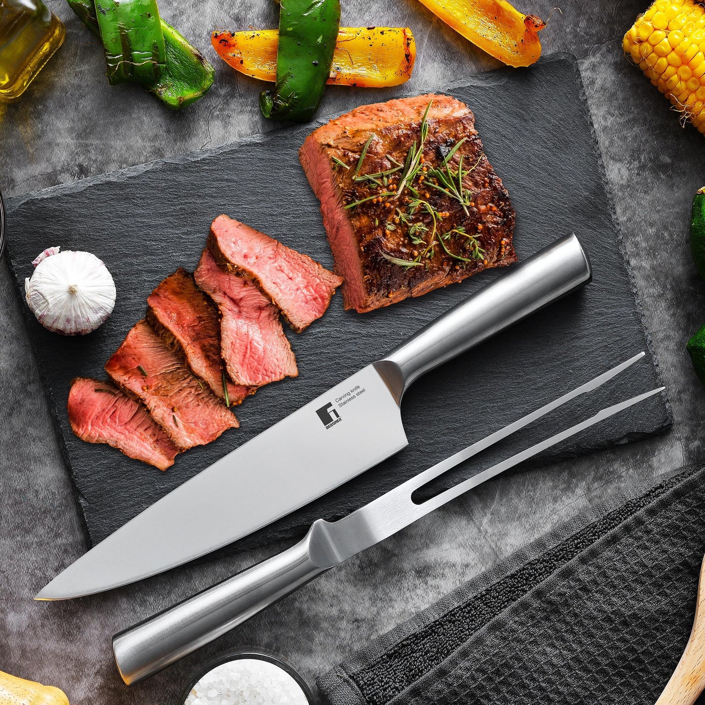 Set De Cuchillo Chef + Tenedor Para Carne Bbq En Acero Inoxidable Bergner_2