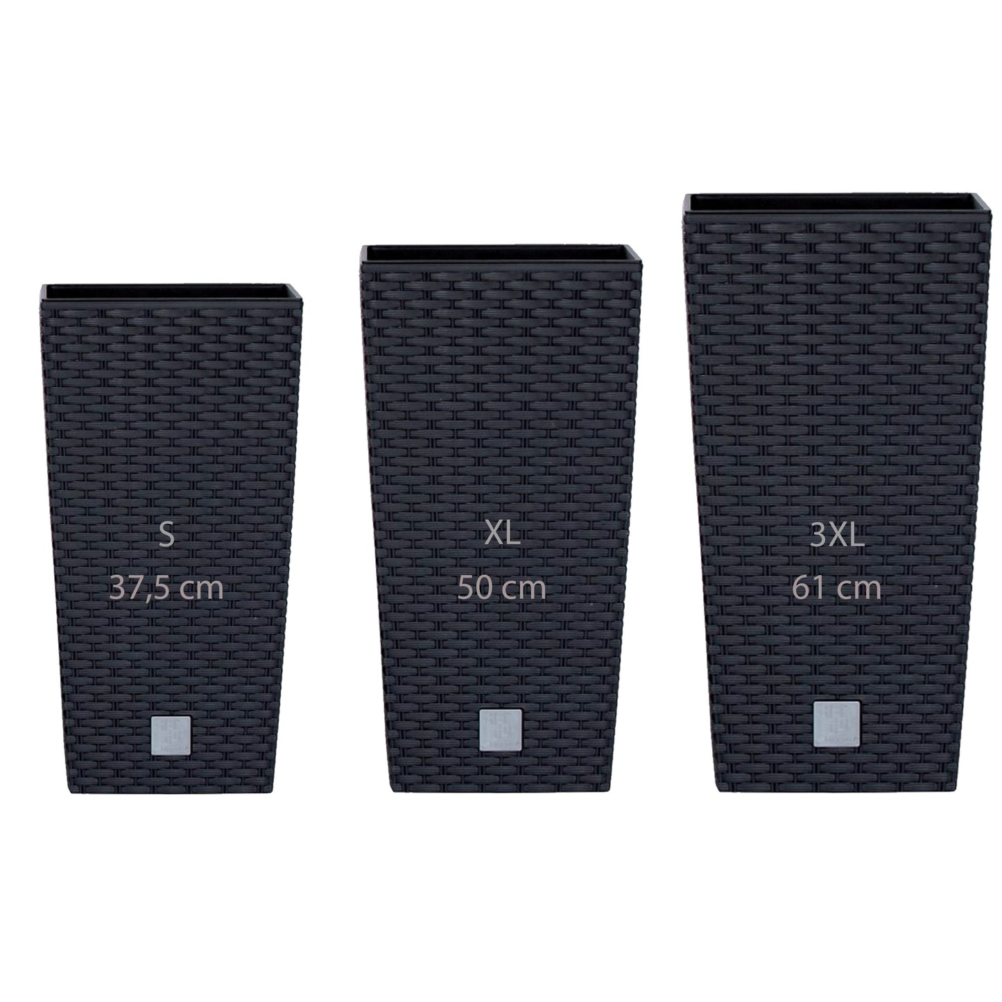 Pack 3 Macetas Altas Prosperplast (11,4/26,6/49 Litros) Rato Square De Plastico En Color Antracita Con Deposito._0