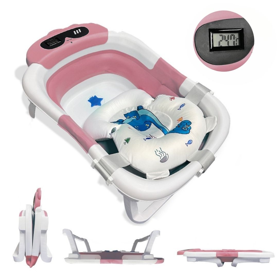 Bathby Bañera Plegable Para Bebés Recién Nacidos, Cojín Dinosaurio, Termómetro, Patas Antideslizantes (rosa Dinosaurio)_0