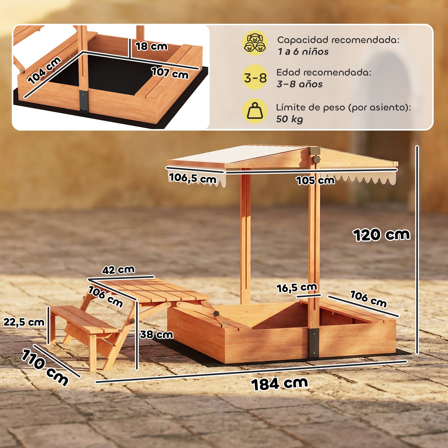 Aiyaplay Arenero Para Niños De Madera Con Toldo Ajustable Mesa Con Bancos Marrón_2
