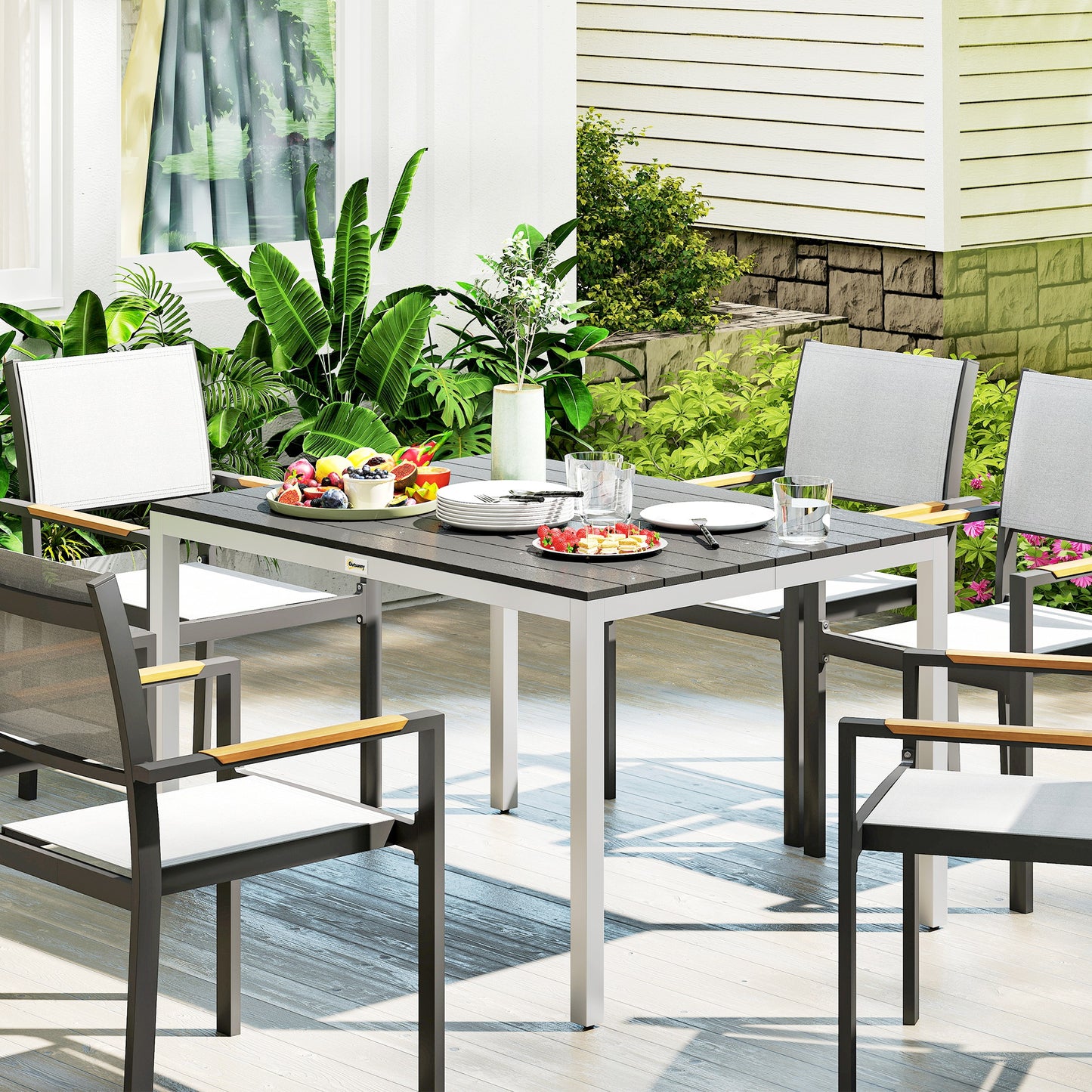 Outsunny Mesa De Comedor De Jardín Rectangular Con Estructura De Aluminio Negro_4