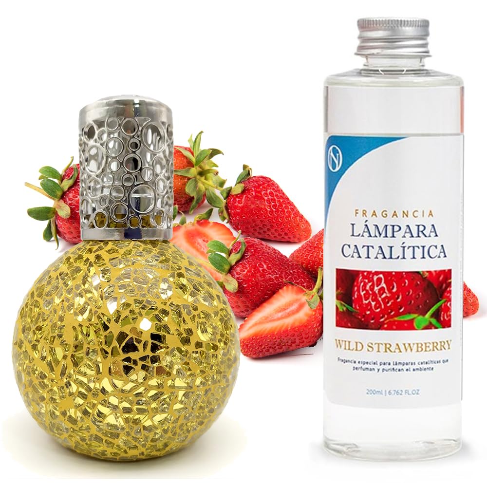 Lámpara Catalítica Mosaico Dorado + Aroma Wild Strawberry 500ml - Elimina Malos Olores, Impurezas Y Perfuma_0
