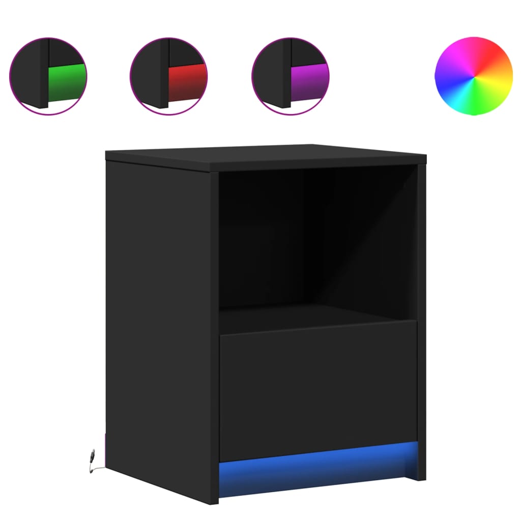 Mesita De Noche Con Luces Led Madera De Ingeniería Negra_0
