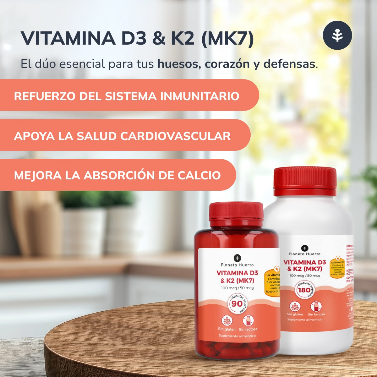 Vitamina D3 e K2 (Mk7) Planeta Huerto 90 Cápsulas