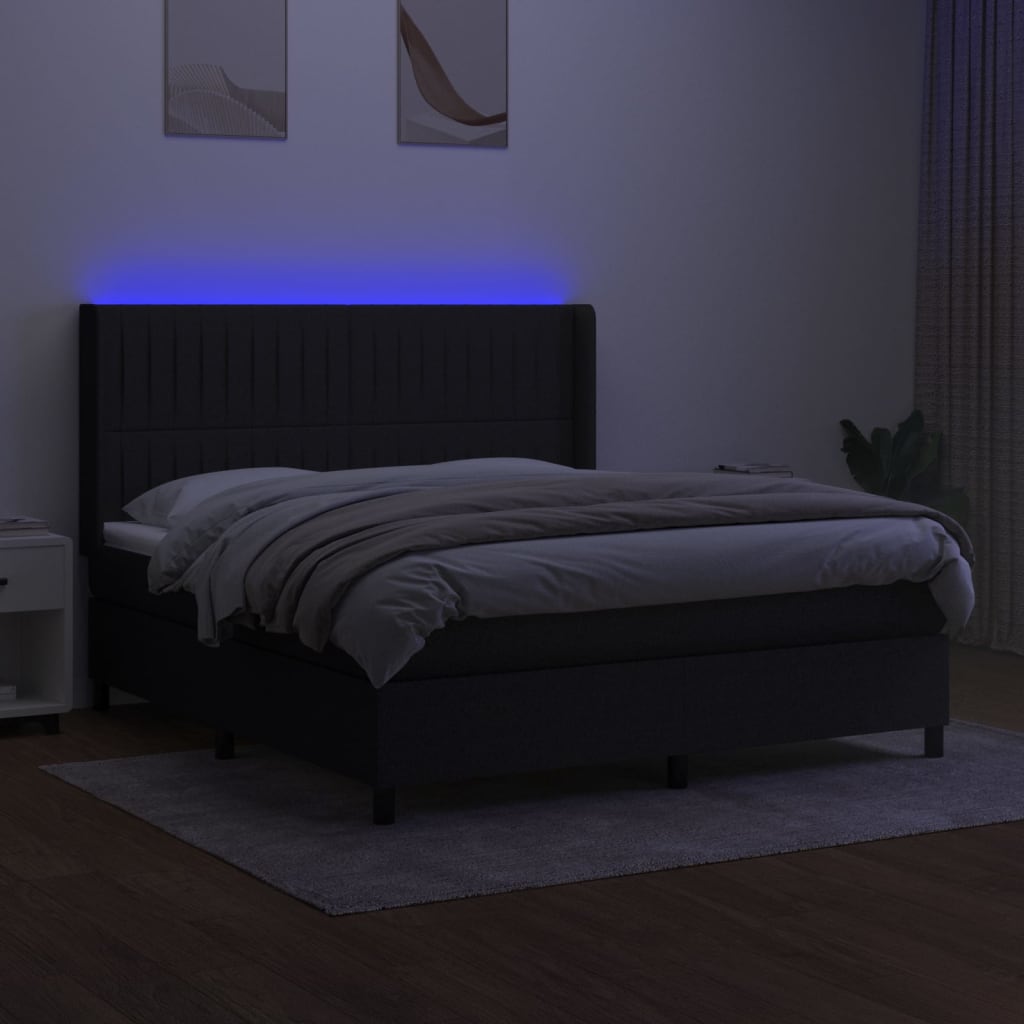 Cama Box Spring Colchón Y Luces Led Tela Negro 160x200 Cm / Vetonek_3