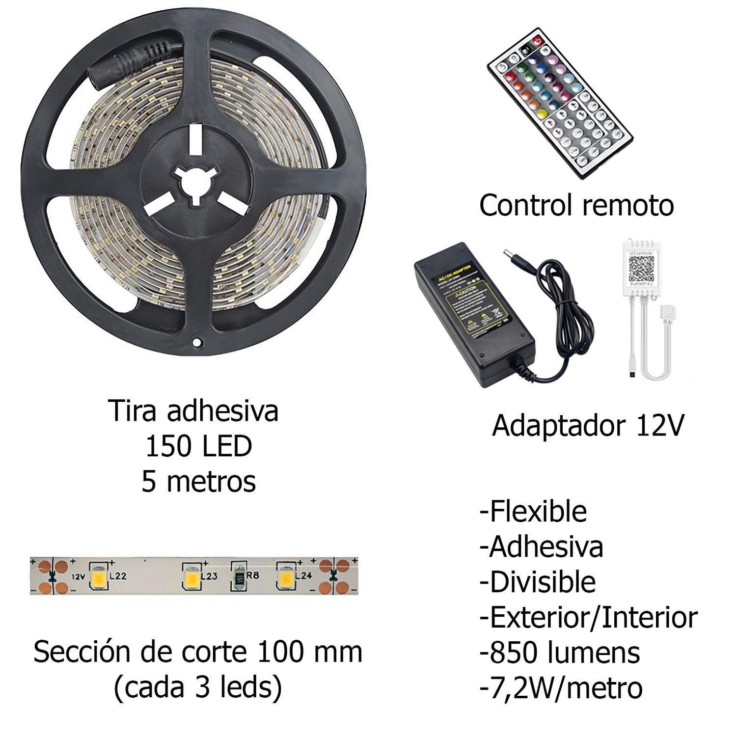 Tira Led Multicolor Rgb Con Mando Adhesiva Con 150 Leds 36 W 12 V. 850 Lumenes Luz Multicolor Ip 20 5 Metros_1