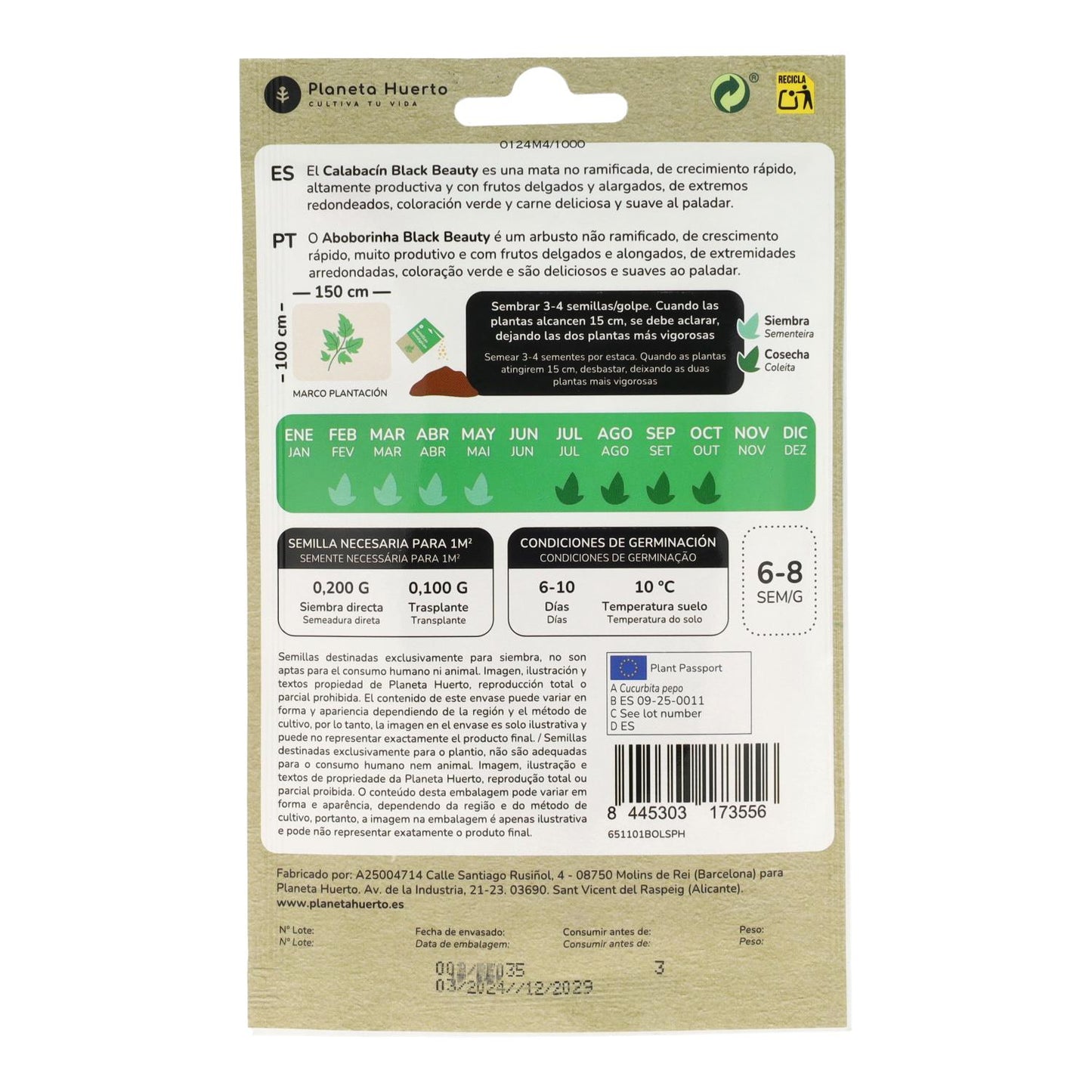 Sementes de Curgete Preta Biológica Planeta Huerto