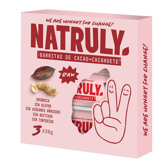 Embalagem de 3 barras de cacau e amendoim BIO cruas de 30 g da Natruly