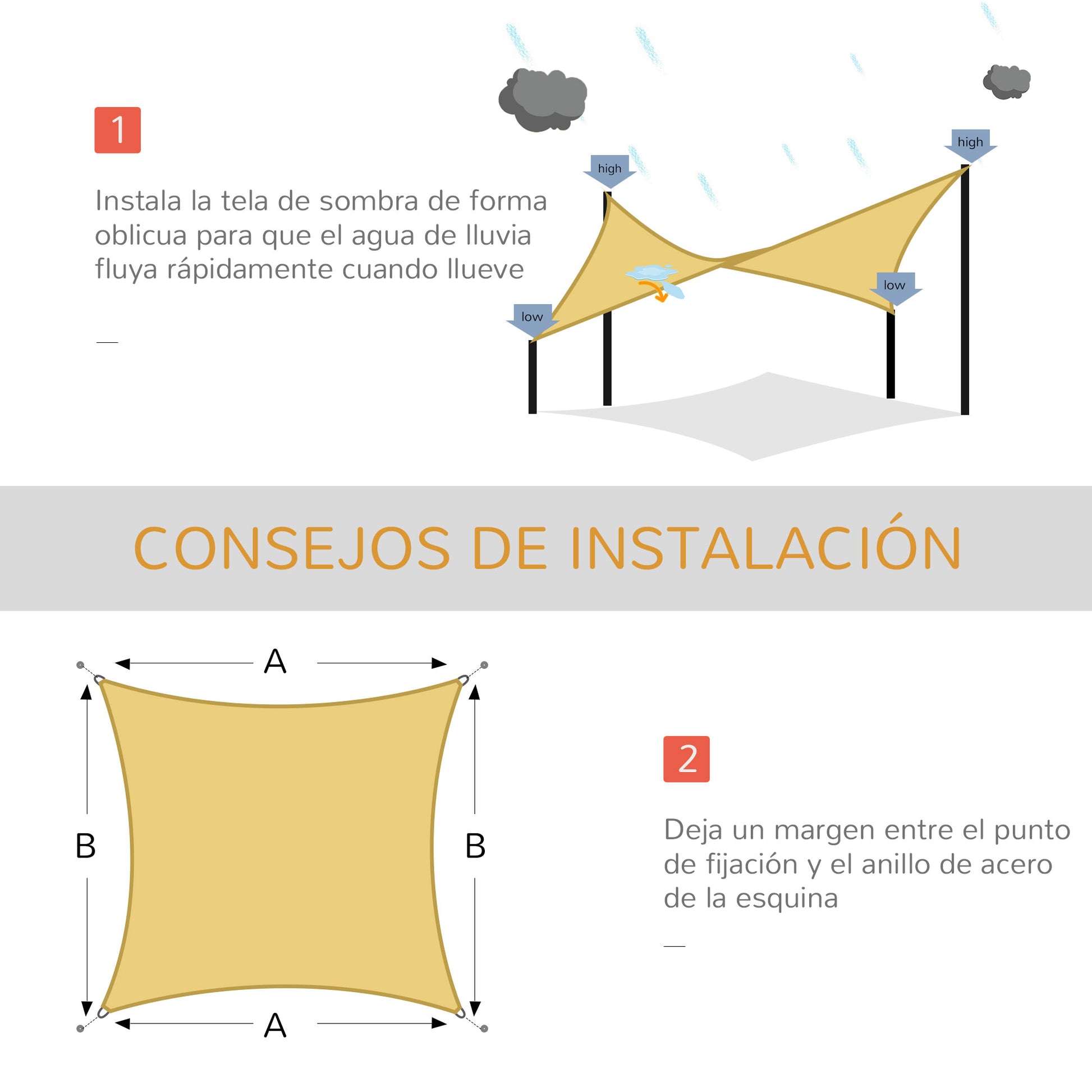 Toldo Vela De Sombra Cuadrado 3x3 M Con Anillo De Acero Inoxidable Arena_5