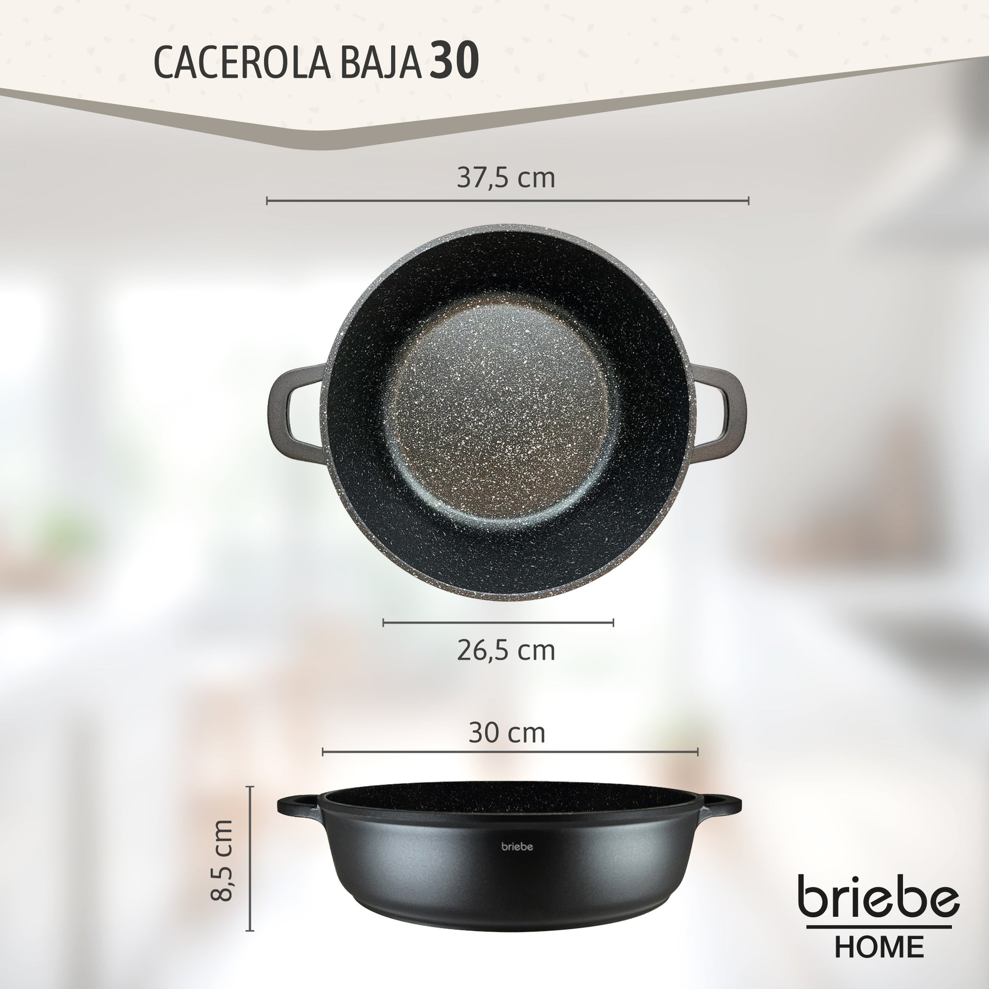 Briebe Cacerola Baja Cocina Inducción Antiadherente Titanio, Cazuela 30cm, Aluminio Fundido Sin Pfoa, Black Titanium_2