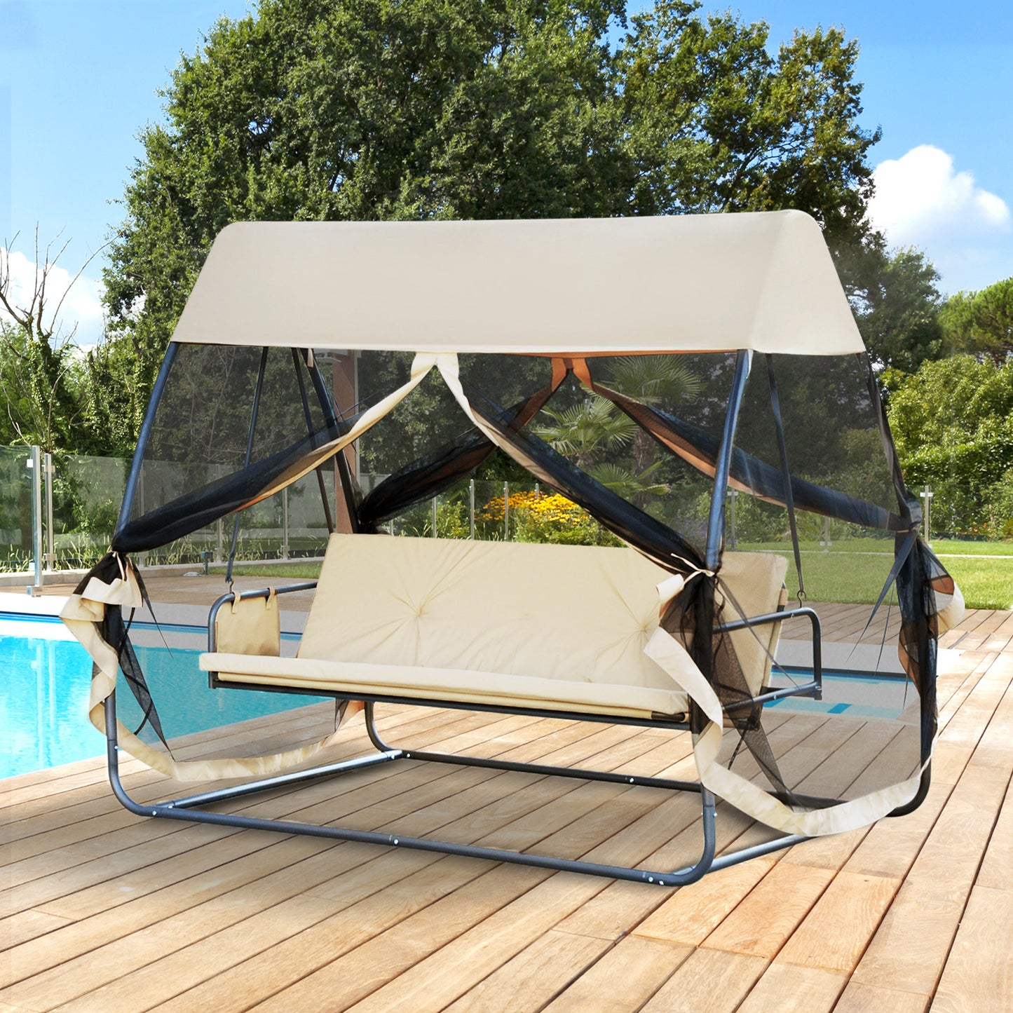 Outsunny Columpio Jardín 3 Plazas Convertible En Cama Con Mosquitera Puertas_1