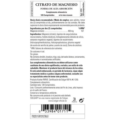 Embalagem de 2 comprimidos de Citrato de Magnésio 120 Solgar