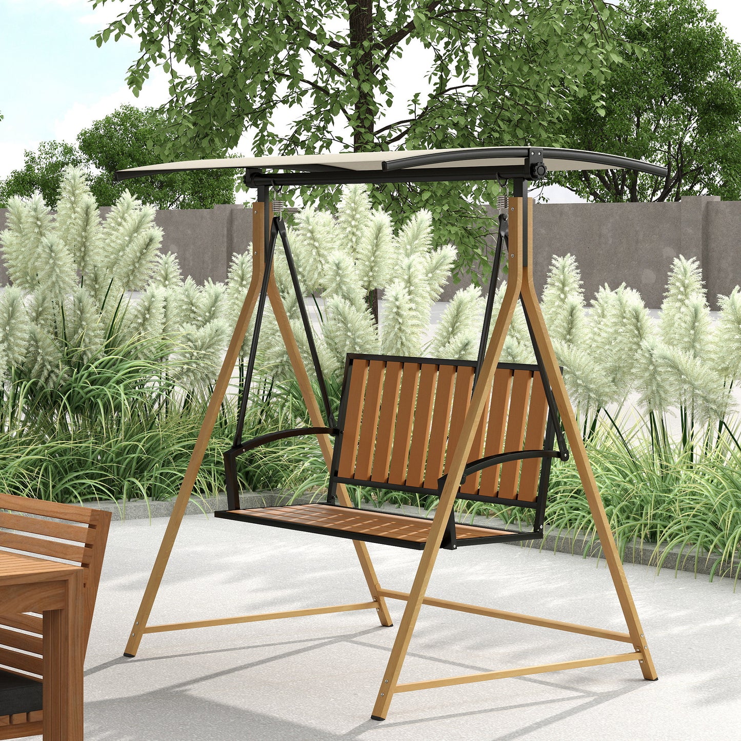Outsunny Columpio De Jardín De 2 Plazas Con Toldo Ajustable Natural Y Beige_1
