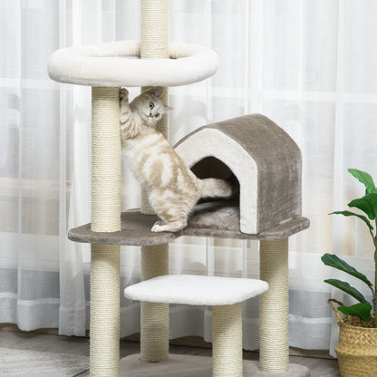 Pawhut Árbol Rascador Para Gatos Altura 149 Cm Con Cueva Cama Y Postes De Sisal_4