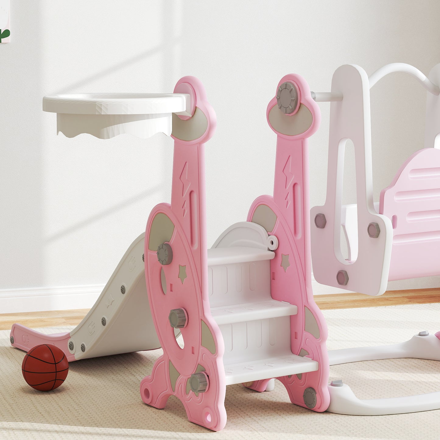 Aiyaplay Tobogán Infantil 4 En 1 Con Columpio Y Tobogán Para Interior Rosa_4