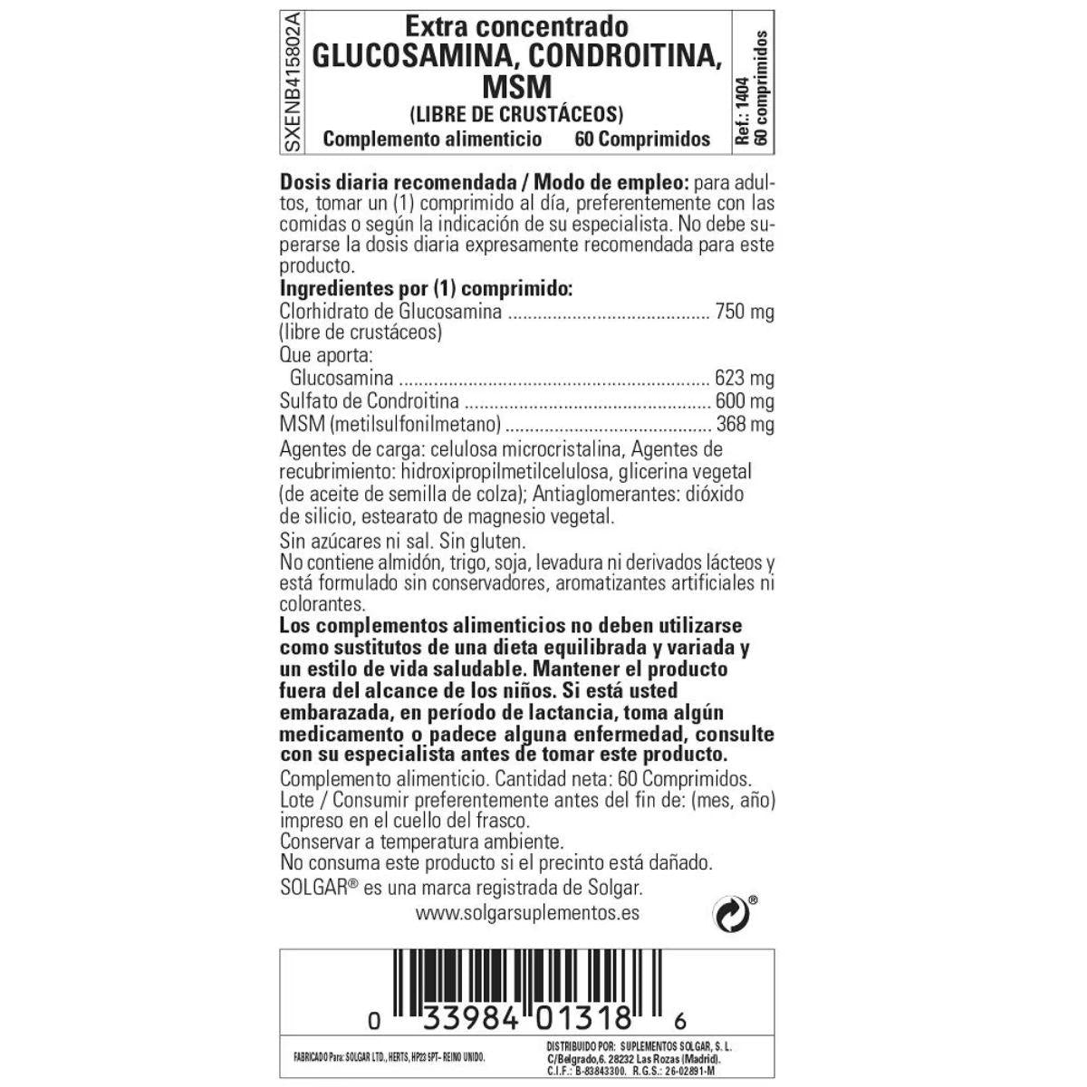 Embalagem de 2 comprimidos de glucosamina condroitina MSM extra concentrado 60 comprimidos