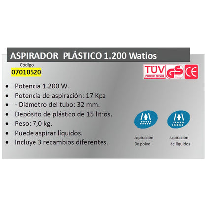 Aspirador  Yamato  Plastico 15 Litros / 1200 Watios_2
