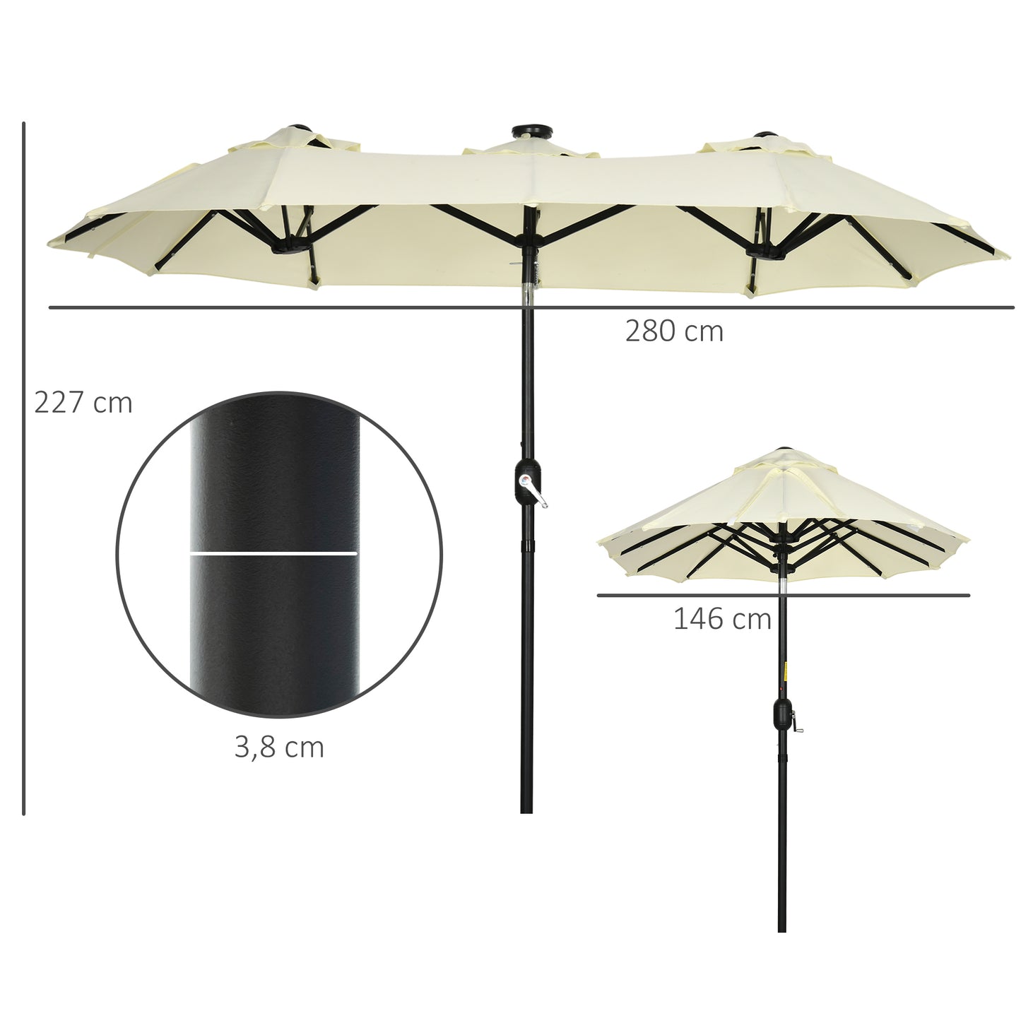 Outsunny Sombrilla Doble Con Luces Led 280x146x227 Cm Inclinación De 45° Beige_2