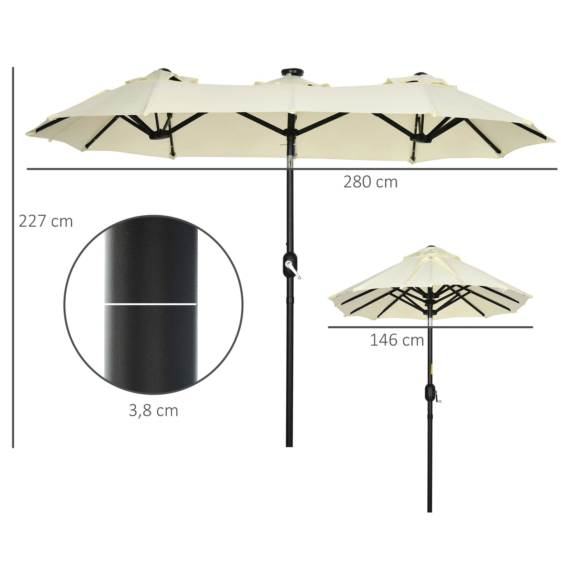 Outsunny Sombrilla Doble Con Luces Led 280x146x227 Cm Inclinación De 45° Beige_2