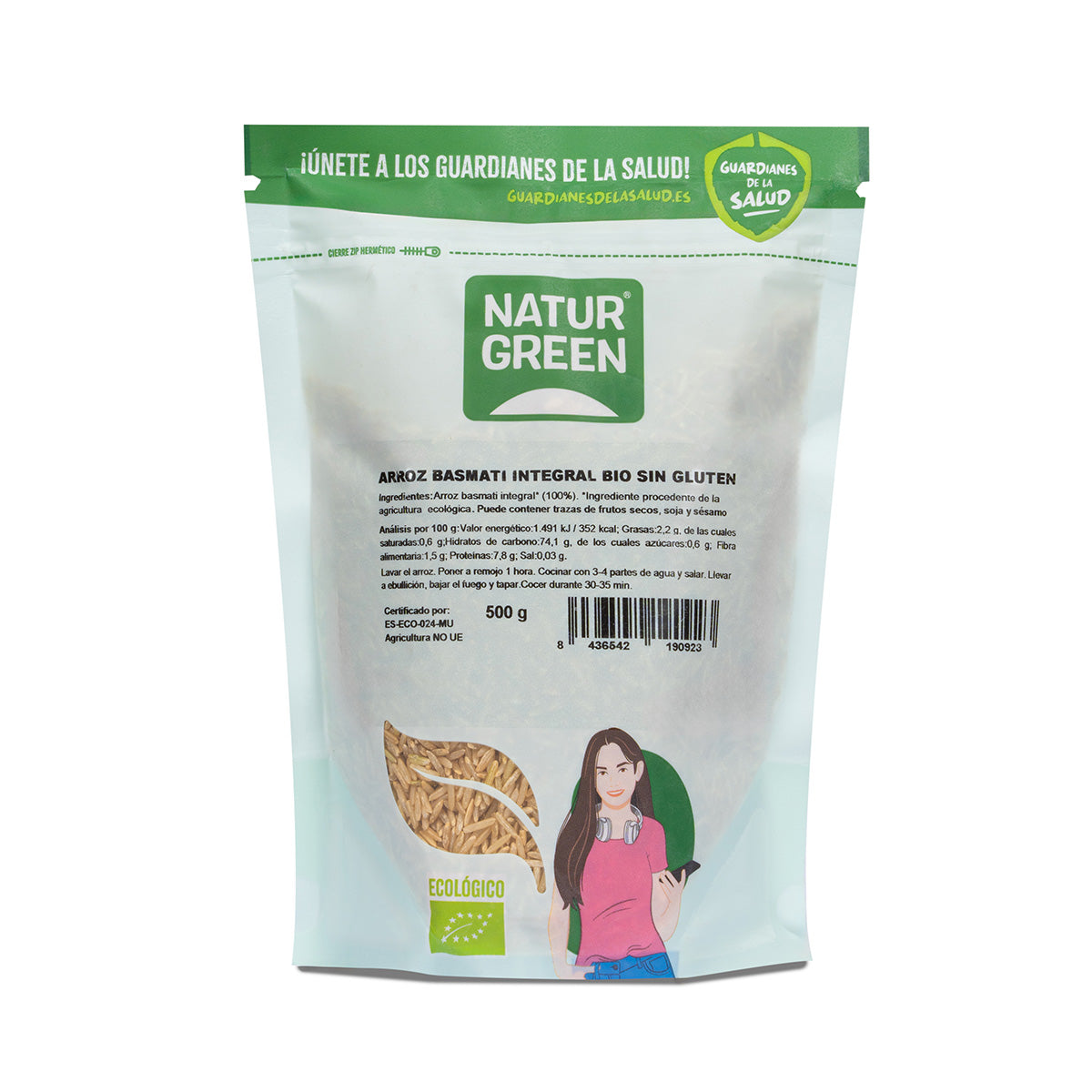 Arroz Basmati Integral Biológico, Naturgreen, 500 g