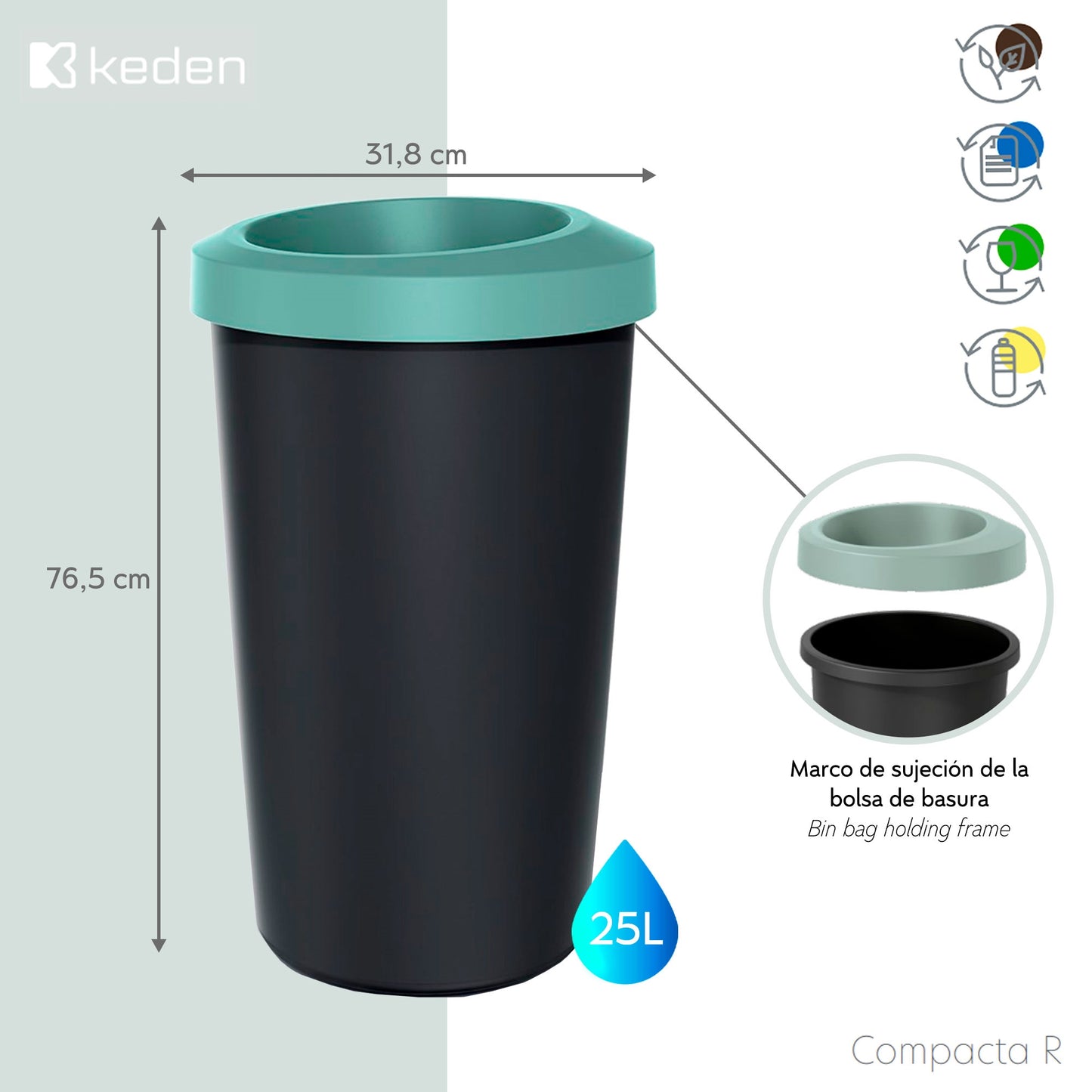 Juego De 4 Cubos De Reciclaje De 25l Cada Uno Keden._1