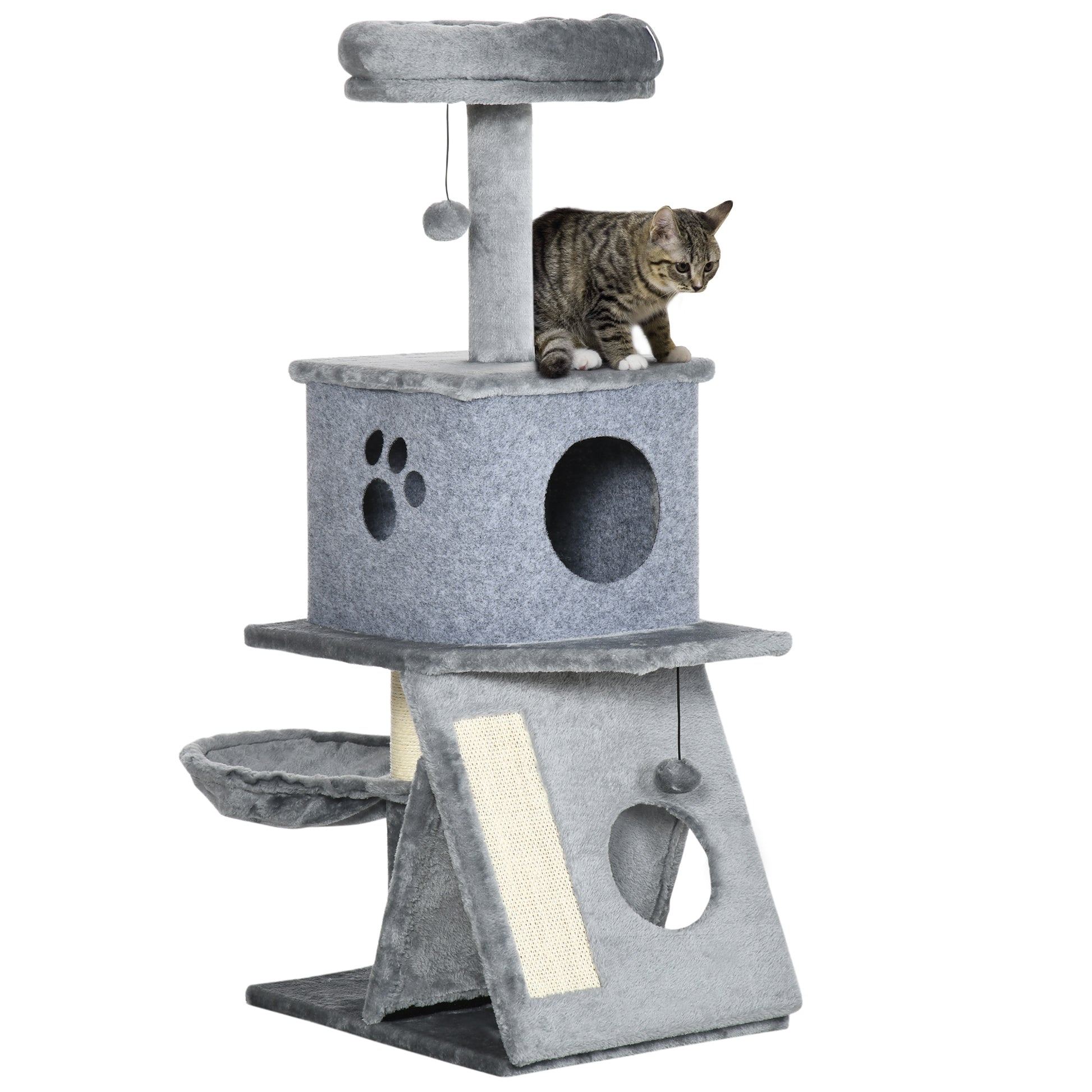 Pawhut Árbol Rascador Para Gatos Altura 111 Cm Cama Cueva Hamaca Bola Colgante_0