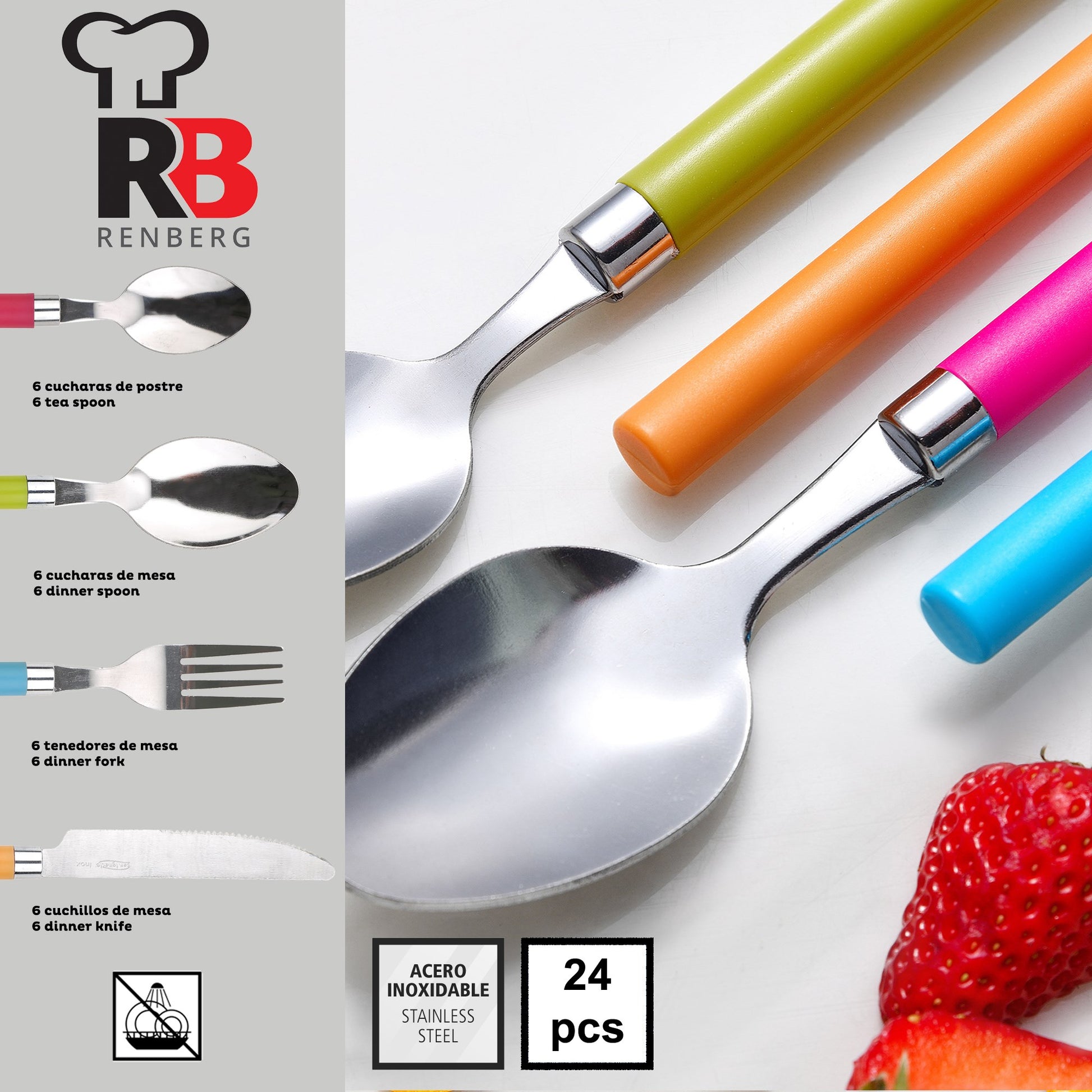 Pack Batería De Cocina 5 Piezas + Set De Cubertería 24pc En Acero Inoxidable Mangos Multicolor