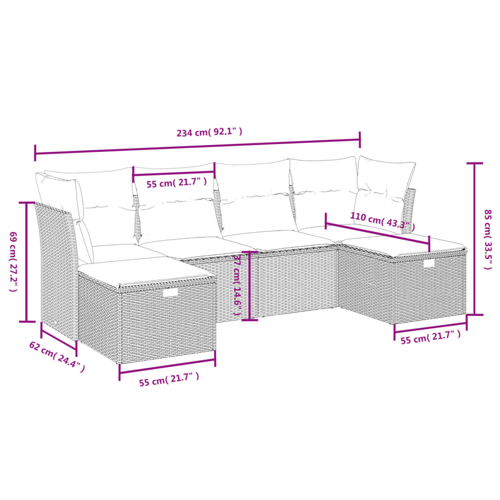 Set De Muebles De Jardín 6 Pzas Y Cojines Ratán Sintético Gris / Vetonek_2