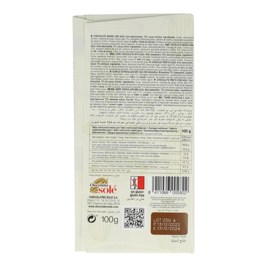 Barra de Chocolate 72% Stevia Açai Negro 100g Solé