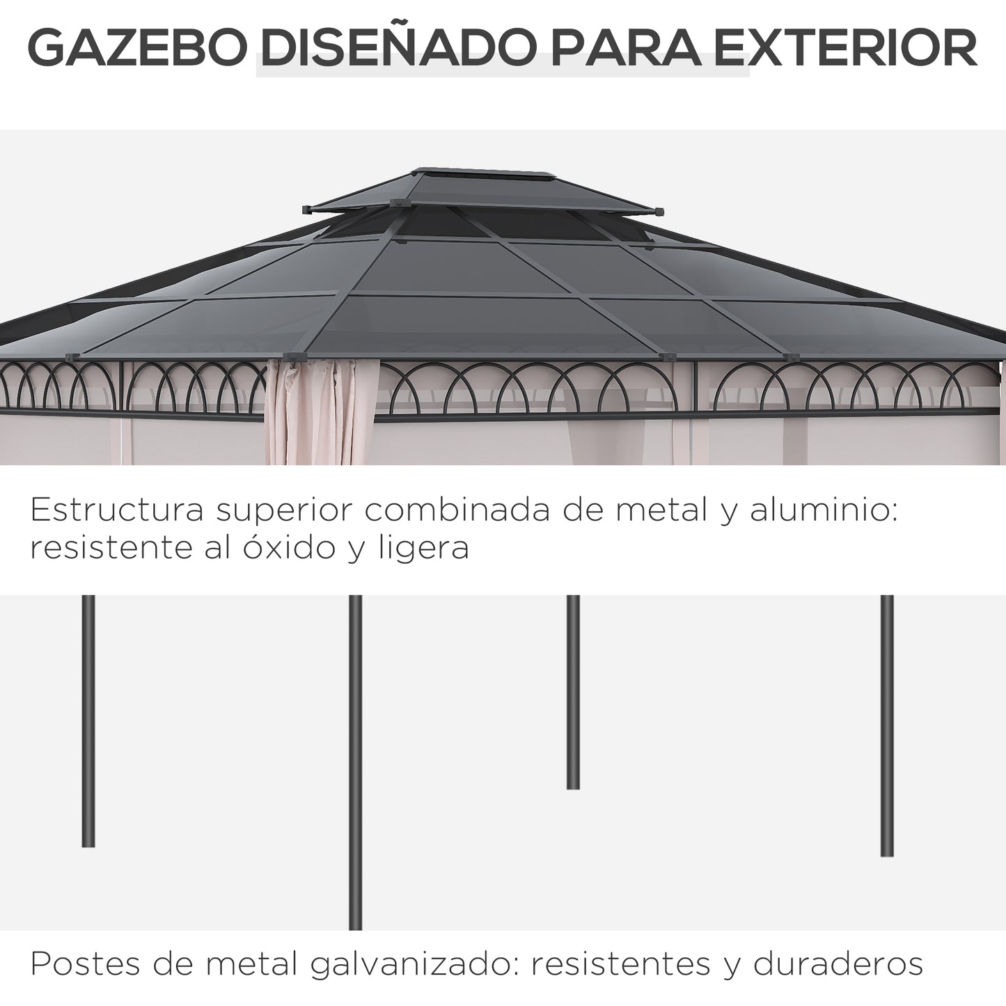 Outsunny Cenador Jardín 3,6x3 Mtecho Doble Policarbonato 4 Cortinas Mosquiteras_5