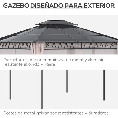 Outsunny Cenador Jardín 3,6x3 Mtecho Doble Policarbonato 4 Cortinas Mosquiteras_5