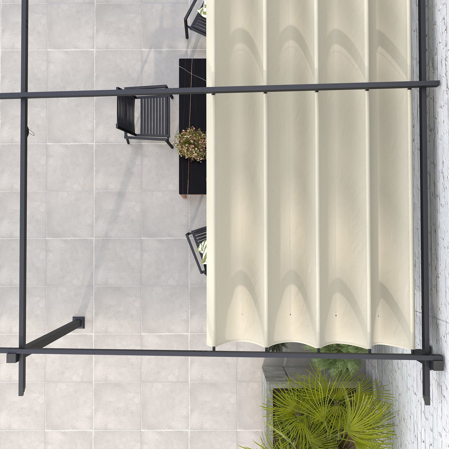 Outsunny Pérgola De Pared 4x3 M Con Techo Retráctil De Poliéster Crema Y Gris_4