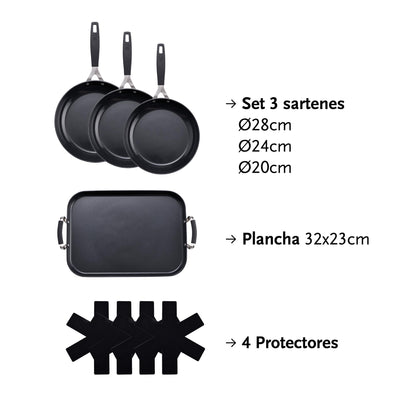 Juego De 3 Sartenes Ø20ø24ø28cm Y Plancha Grill 32x23cm + 4 Protectores En Aluminio Forjado Antiadherentes Masterpro_1