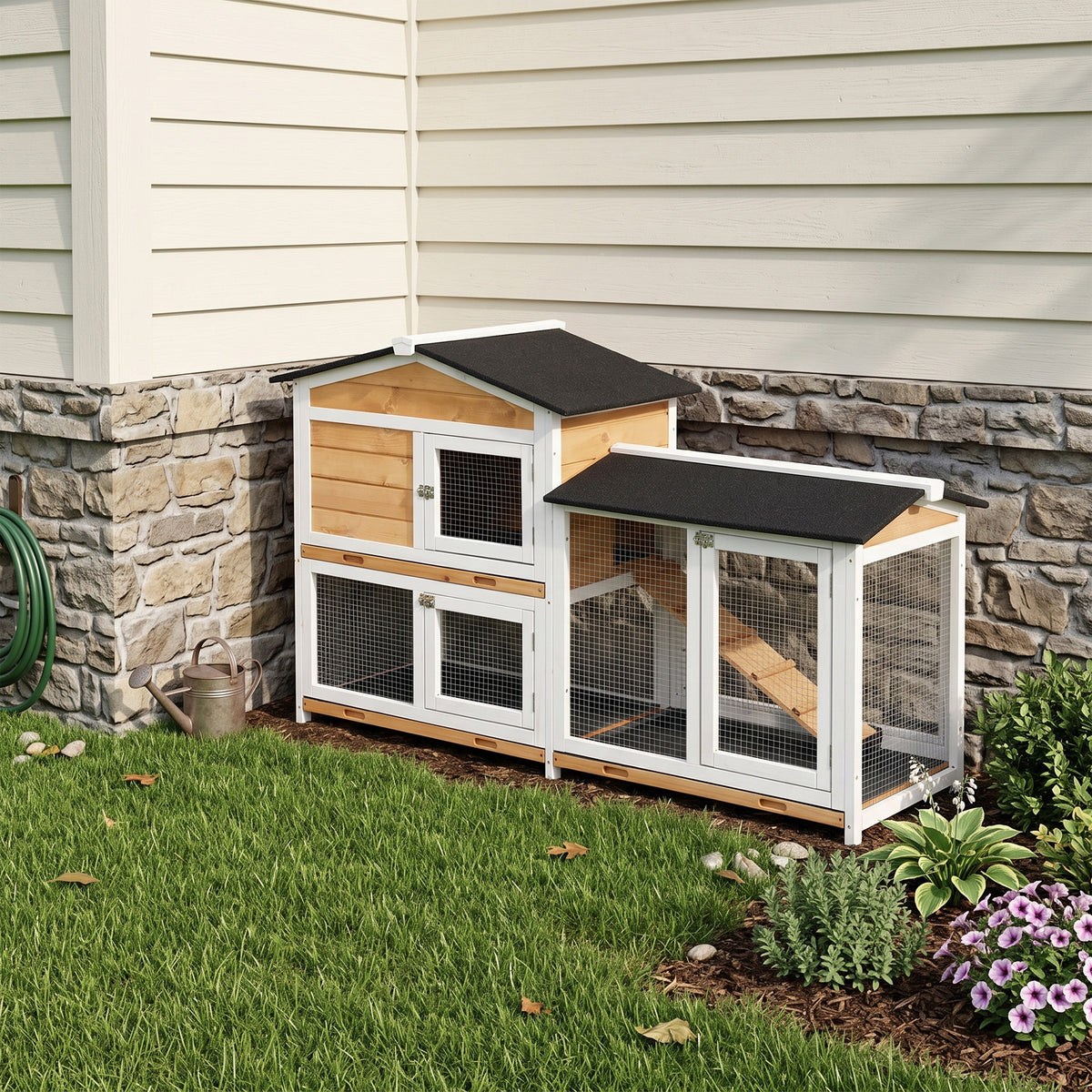 Pawhut Conejera De Madera Exterior Con Techo Asfáltico 157,4x53x93,5cm Natural_1