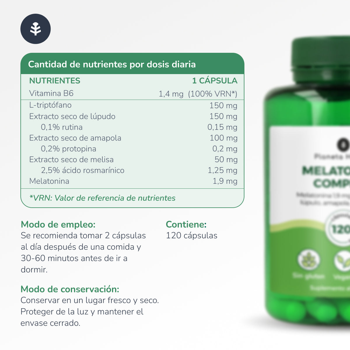 Embalagem 2x Complexo de Melatonina Planeta Huerto 120 cápsulas