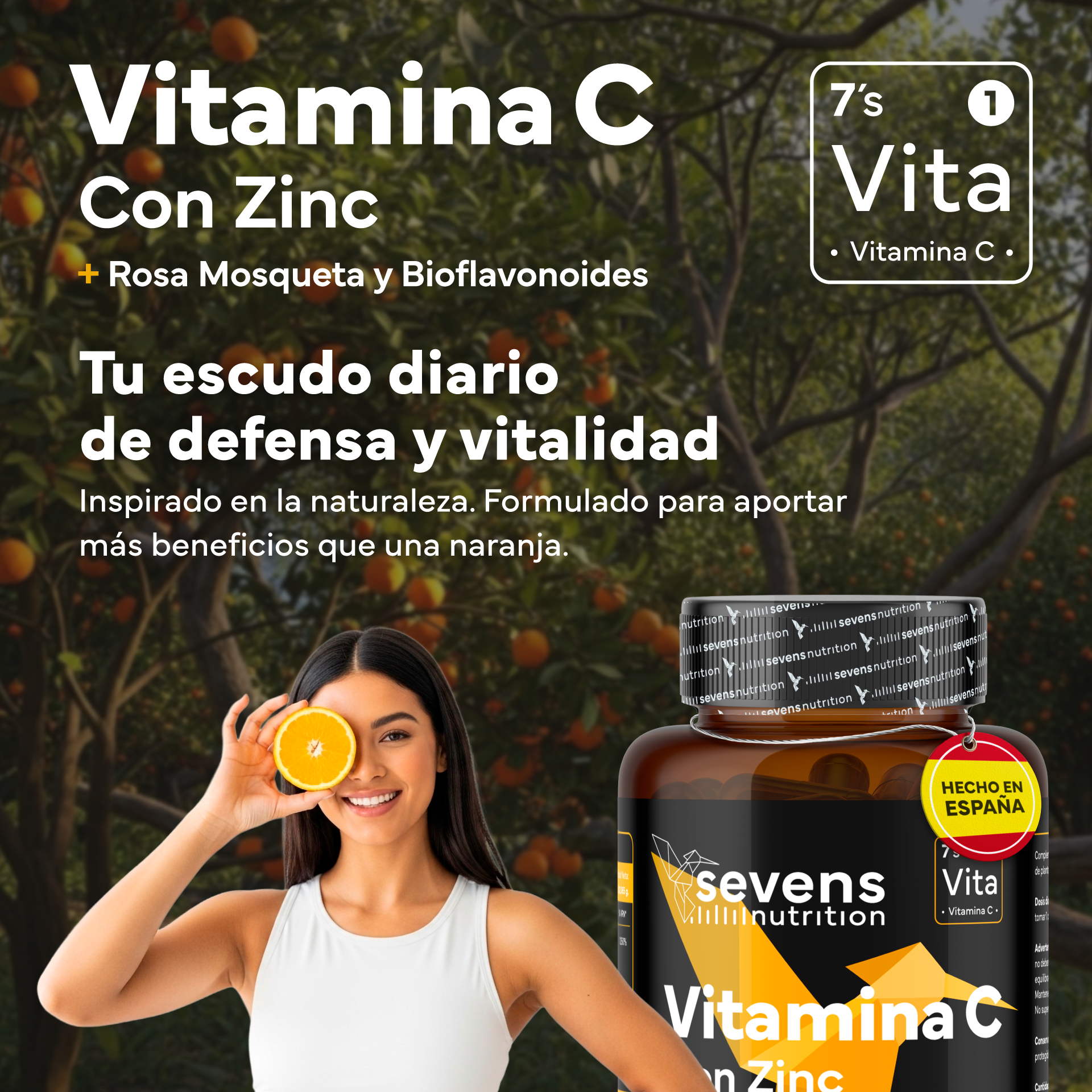 Pack 2x Vitamina C Con Zinc, Bioflavonoides Y Rosa Mosqueta De Sevens Nutrition. Refuerzo Del Sistema Inmunológico_1