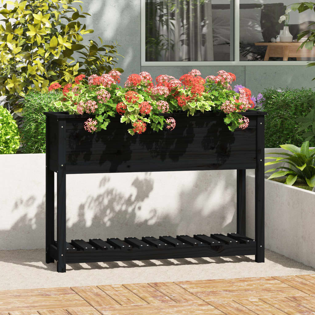 Jardinera Con Estante Madera Maciza Pino Negro 111,5x34,5x81 Cm_1