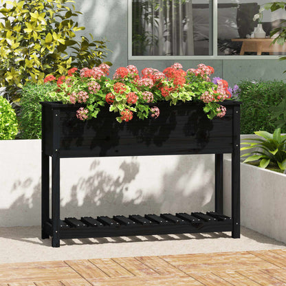 Jardinera Con Estante Madera Maciza Pino Negro 111,5x34,5x81 Cm_1