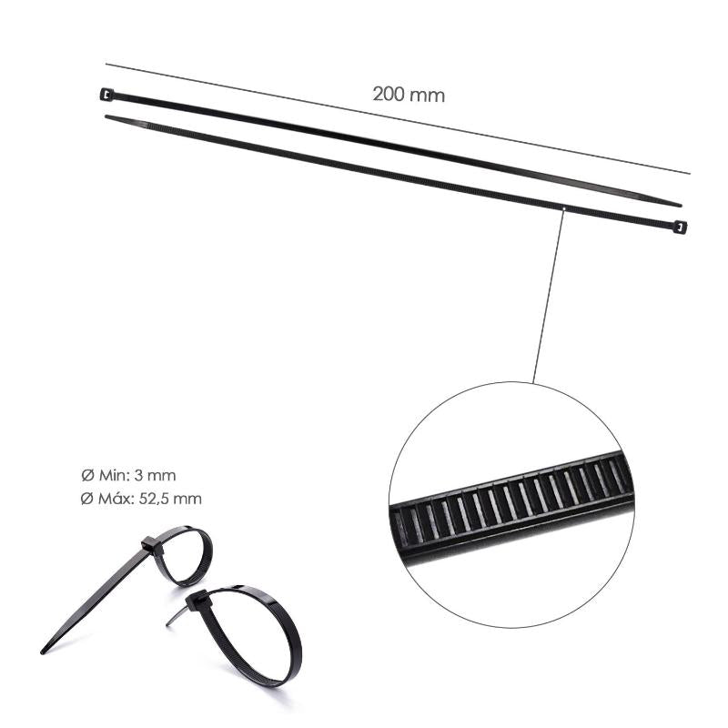 Brida Nylon 100%. Color Negro 2,5 X 200 Mm. Bolsa 100 Unidades. Abrazadera Plastico, Organizador Cables, Alta Resistencia_1