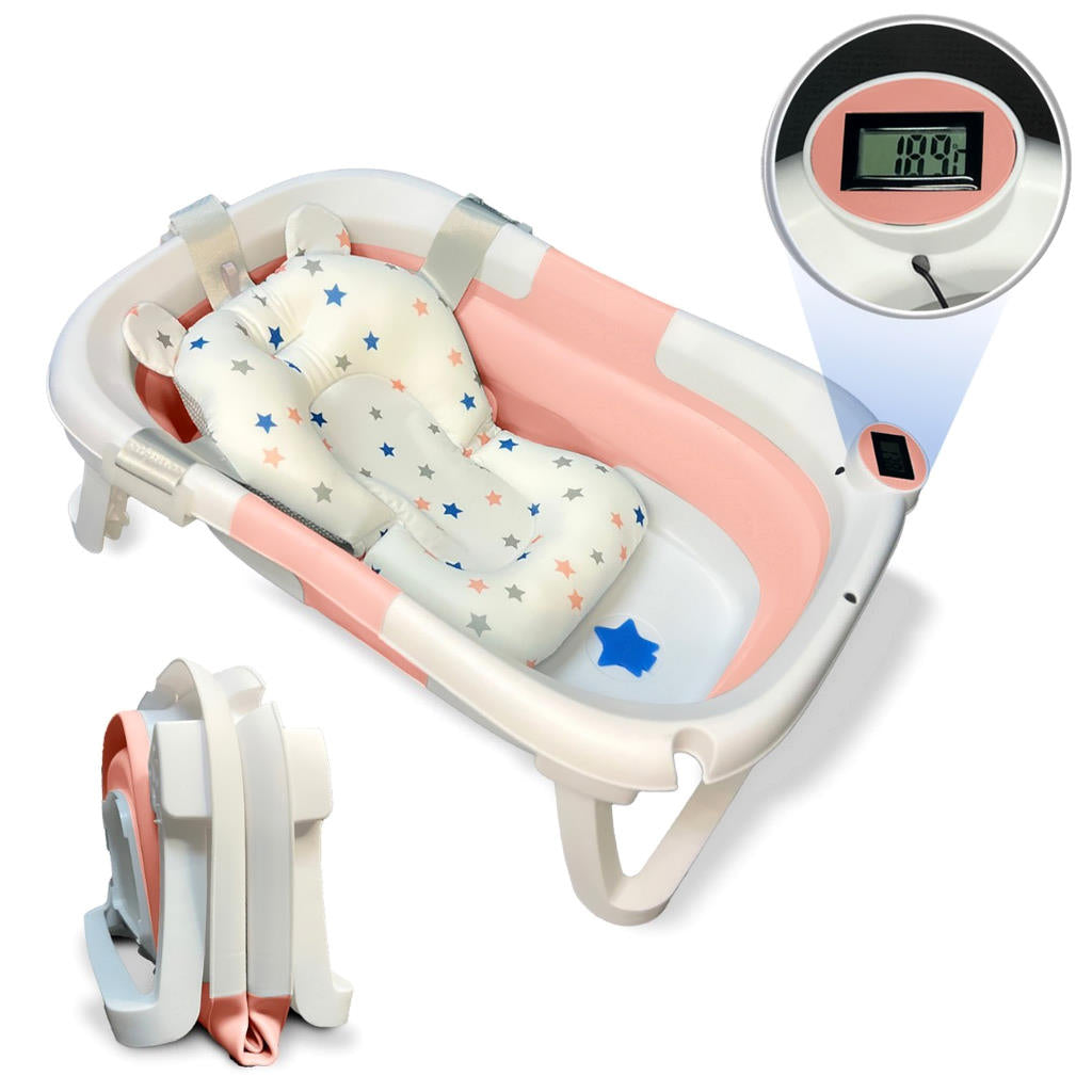 Bathby Bañera Bebé Plegable Con Termómetro, Cojín Antideslizante, Patas Antideslizantes (rosa Oasis)_0
