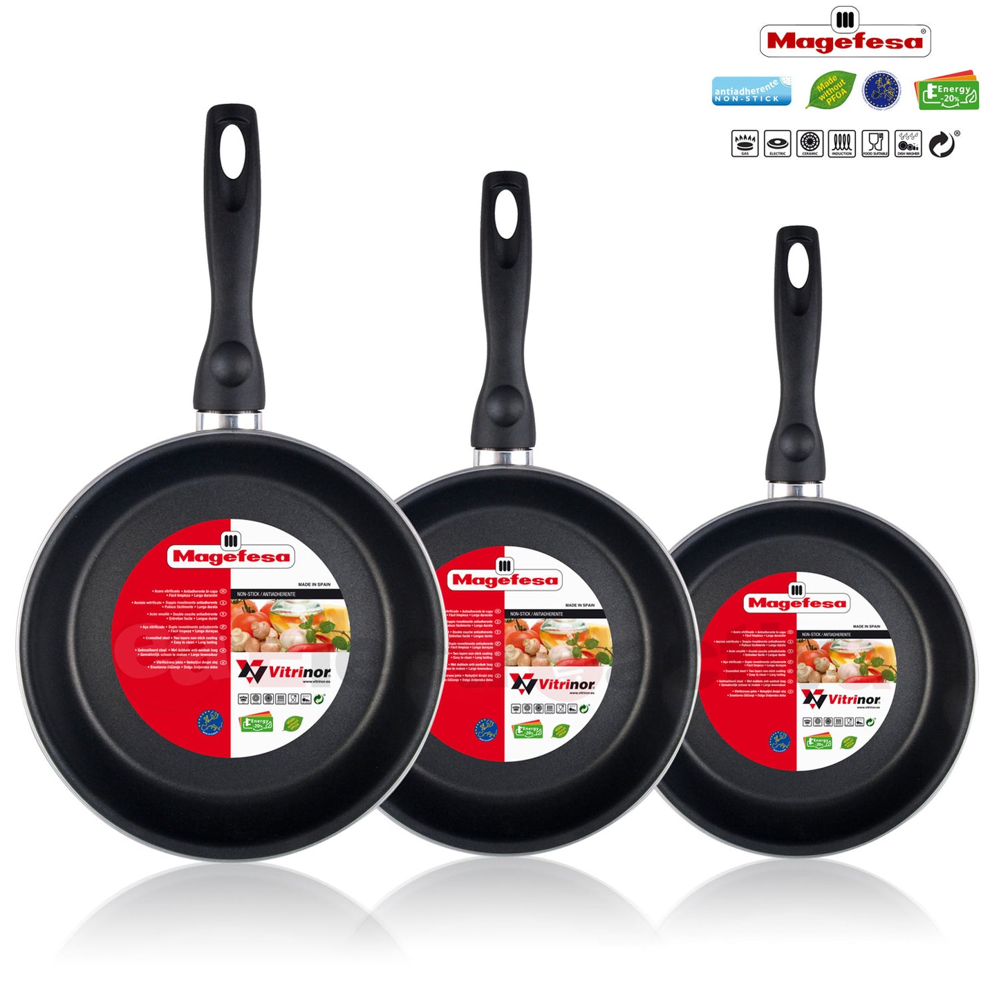 Bateria De Cocina 5 Piezas + Set Juego 3 Sartenes 18-20-24cm, Acero Vitrificado 820ºc, Libre Pfoa Magefesa Grana, Rojo_3