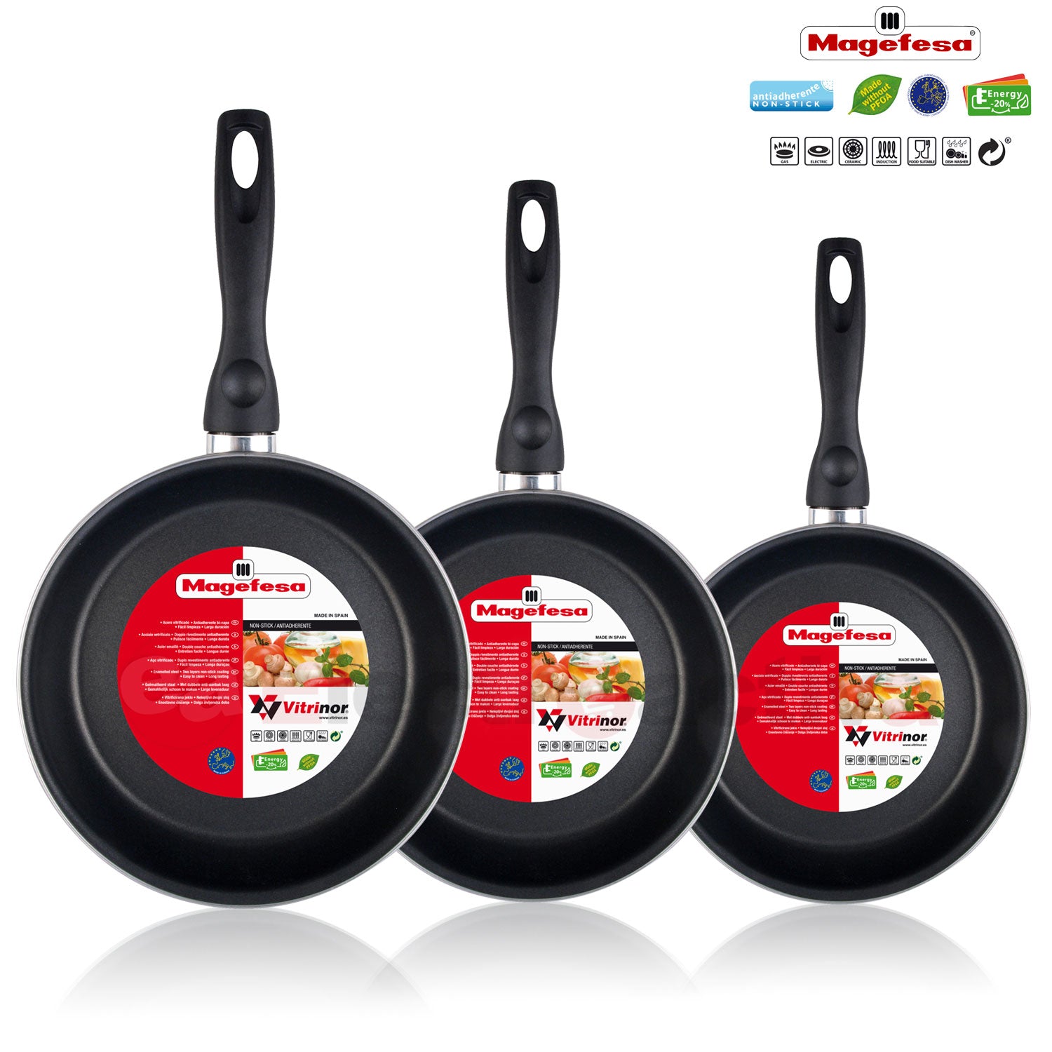 Bateria De Cocina 5 Piezas + Set Juego 3 Sartenes 18-20-24cm, Acero Vitrificado 820ºc, Libre Pfoa Magefesa Grana, Rojo_3