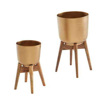 Juego De Maceteros De Metal / Madera Maciza Dorado_0