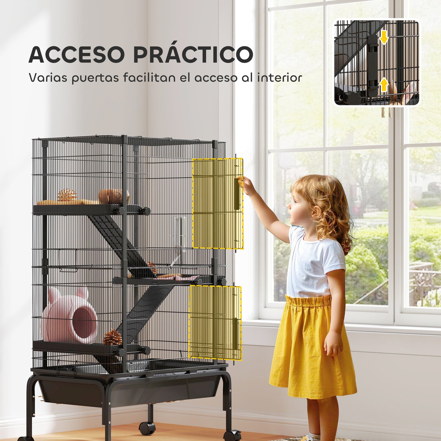 Pawhut Jaula Para Animales Pequeños De 4 Niveles Con Ruedas 69x44x120 Cm Negro_5