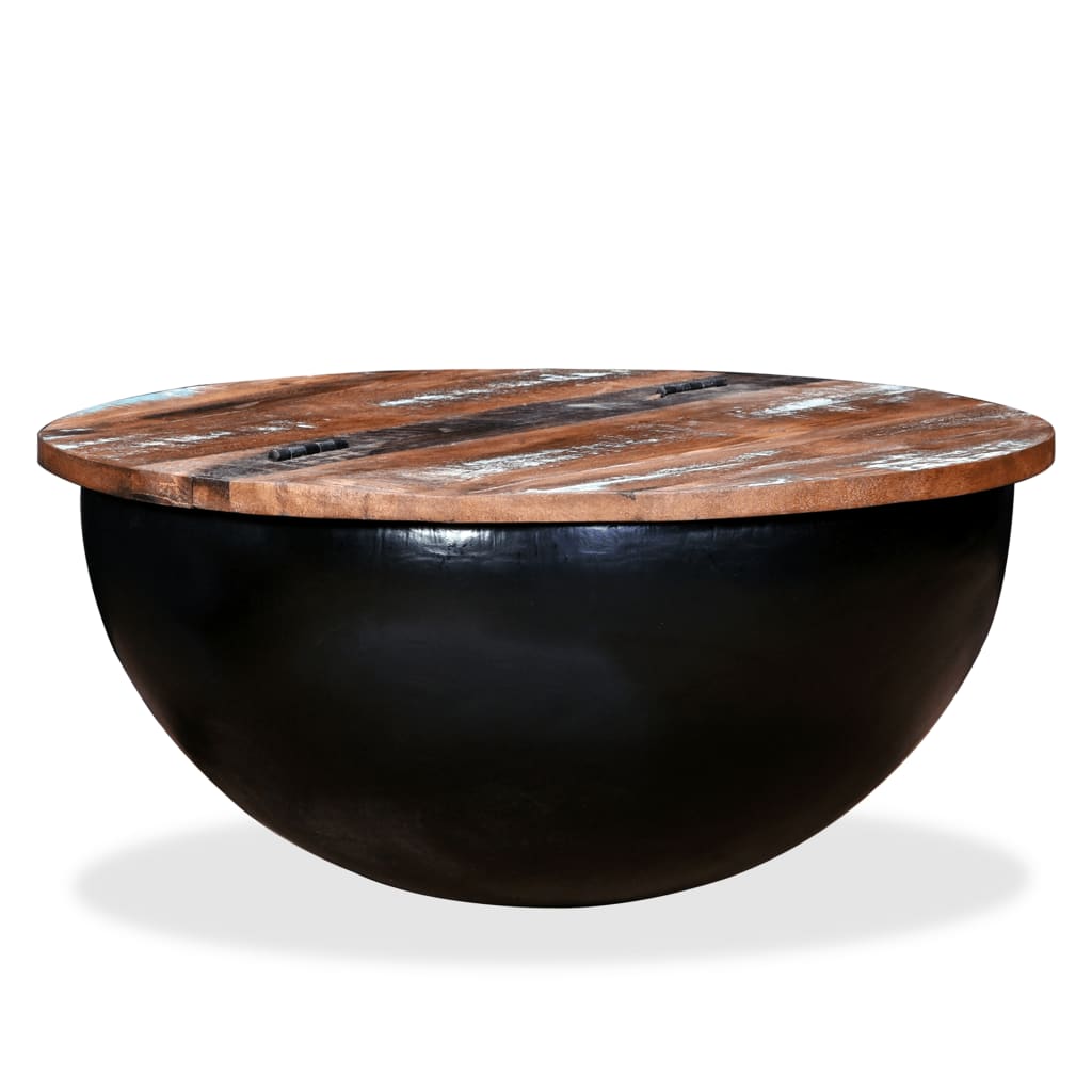 Mesa De Centro De Madera Maciza Reciclada Negra En Forma De Bol_4